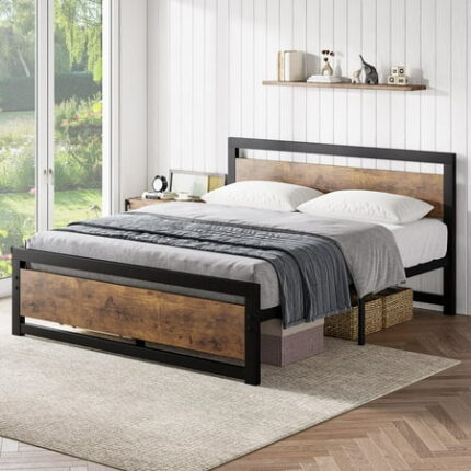 Bed Frame with Wooden Headboard Industrial Bed Platform Metal Bedframe No Box Spring Needed 14 inch Easy Assemble Noise Free Mattress Foundation Rustic Brown