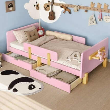 Bellemave Twin Size Montessori Platform Bed Frame with Storage Drawers Safety Fence Rails Shelf & Hooks Solid Wood Platform Bedframe No Box Spring Needed for Bedroom Living Room Pink