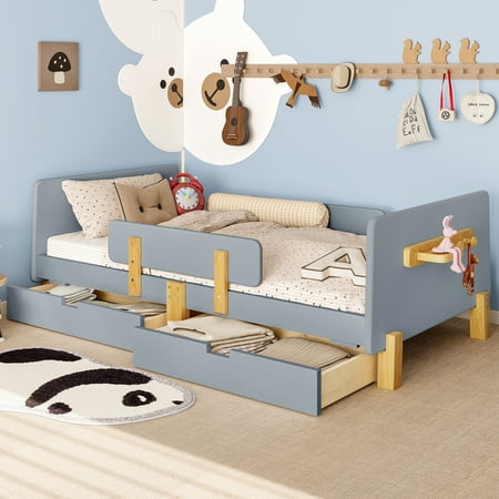 Bellemave Twin Size Montessori Platform Bed Frame with Storage Drawers Safety Fence Rails Shelf & Hooks Solid Wood Platform Bedframe No Box Spring Needed for Bedroom Living Room Gray Bellemave Twin Size Montessori Platform Bed Frame with Storage Drawers Safety Fence Rails Shelf & Hooks Solid Wood Platform Bedframe No Box Spring Needed for Bedroom Living Room Gray