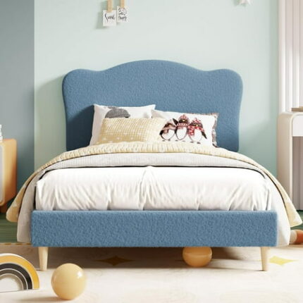 Blue Twin Size Bed Frame for Kids with Cute Headboard Upholstered Twin Platform Bed for Girls Boys No Box Spring Needed Velvet Bedframe with Wooden Slats Noise Free