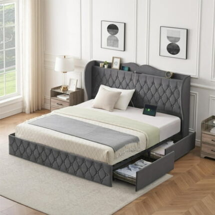 BouPower Upholstered Bed Frame with 4 Drawers and Headboard Platform Storage Bedframe Wooden Slats Support No Box Spring Needed Bed Frame with Charging Station Queen/King Size