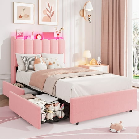 BouPower Upholstered Bed Frame with Drawers and Headboard Platform Storage Bedframe LED Platform Bed Wooden Slats Support No Box Spring Needed BouPower Upholstered Bed Frame with Drawers and Headboard Platform Storage Bedframe LED Platform Bed Wooden Slats Support No Box Spring Needed