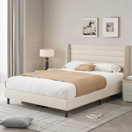 CollaredEagle Queen Bed Frame with Upholstered Headboard Velvet Platform Bedframe Mattress Foundation Strong Wood Slat Support No Box Spring Needed Easy Assembly Pale Beige