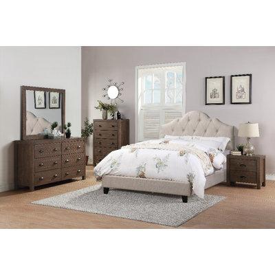 Contemporary Size Bed Frame with Adjustable HB, Light Brown Polyfiber Tufted Wooden Bedframe, No Box Spring Needed, Strong Support