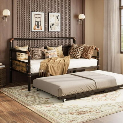 Daybed With Trundle Twin Daybed and Foldable Metal Trundle Bed With Pop Up Trundle Set Metal Twin Bed Frame Heavy Duty Steel Slats Support Sofa BedFrame