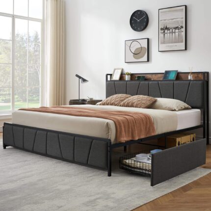 Electrodes Masters - King Size Bed Frame with 2 Storage Drawers and Charging Station, Rustic Linen Upholstered Platform Bedframe - Gray