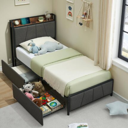 Electrodes Masters - Twin Size Bed Frame with 2 Storage Drawers and Charging Station, Rustic Linen Upholstered Platform Bedframe - Gray