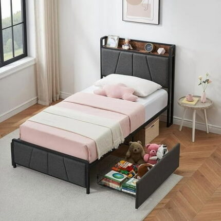 FOLDLIFE Twin Size Bed Frame with 2 Storage Drawers and Charging Station Linen Upholstered Platform Bedframe No Box Spring Needed