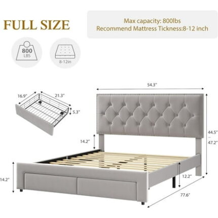 FULL Size Bed Frame with 2 Storage Drawers Vintage Velvet Upholstered Bedframe with Wooden Slat Support and Button Tufted Wingback Headboard No Box Spring Needed Noise Free Beige