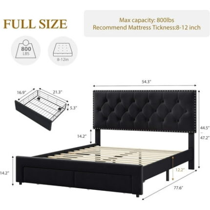 FULL Size Bed Frame with 2 Storage Drawers Vintage Velvet Upholstered Bedframe with Wooden Slat Support and Button Tufted Wingback Headboard No Box Spring Needed Noise Free Black