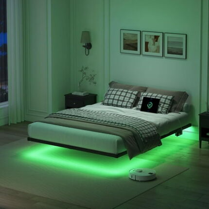 Floating Bed Frame Full Size Bedframe with Lights & Station Modern Platform Bed Easy Assembly No Box Spring Needed 10 Inch