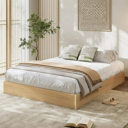 Full Bed Frame Wood Platform Bed with Fluted Design Low Profile BedFrame Minimalist Bed Base with Noise-Free Easy Assembly No Box Spring Needed Natural