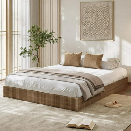 Full Bed Frame Wood Platform Bed with Fluted Design Low Profile BedFrame Minimalist Bed Base with Noise-Free Easy Assembly No Box Spring Needed Walnut