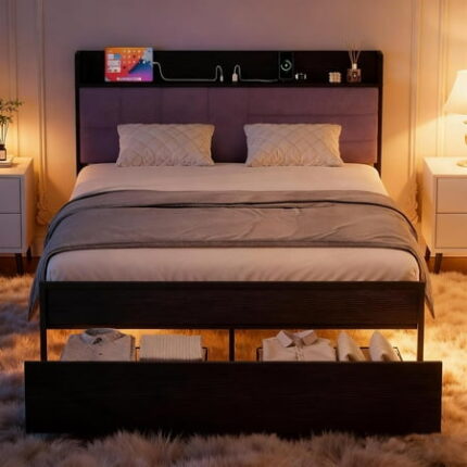 Full Bed Frame with Shelf Headboard Heavy Duty Bed Frame with Storage Bed Frames with 2 Drawers Black Bedframe with Charging Station No Box Spring Needed Full Size