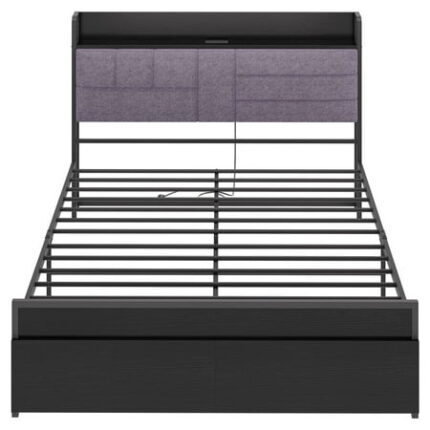 Full Bed Frame with Storage Drawers Grey Upholstered Headboard Bed Frames with Storage Shelf Black Bedframe with Charging Station No Box Spring Needed Full Size