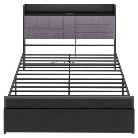 Full Bed Frame with Storage Drawers Grey Upholstered Headboard Bed Frames with Storage Shelf Black Bedframe with Charging Station No Box Spring Needed Full Size Full Bed Frame with Storage Drawers Grey Upholstered Headboard Bed Frames with Storage Shelf Black Bedframe with Charging Station No Box Spring Needed Full Size