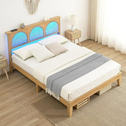 Full Platform Bed with Adjustable RGB LED Bed Frames with Rattan Headboard Full Size Bed Frame Wooden Bedframe Wood Slat Support/NO Noise/Easy Assembly/No Box Spring Needed