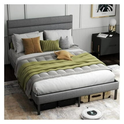 Full Size Bed Frame with Headboard Upholstered Bed Frame with Linen headboard Platform bedframe No Box Spring Needed Underbed Storage Metal Slats Support Noise Free Easy Assembly Grey