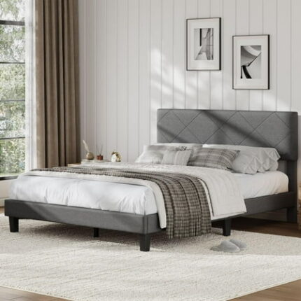 Full Size Bed Frame with Upholstered Headboard Full Platform Bedframe with Wooden Slats Support Easy Assembly Mattress Foundation No Box Spring Needed & Noise Free- Dark Grey