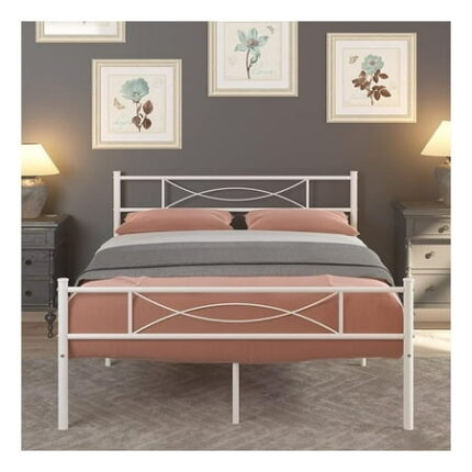 Full Size Bedframe Metal Bed Frame with Headboard and Footboard Mattress Foundation Support Platform Bed No Box Spring Needed Popular Style White