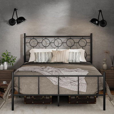 Full Size Classic Metal Platform Bed Frame With Headboard And Footboard, Victorian Style Iron Bedframe With 12 Inch Of Storage Under Frame, Slat Suppo