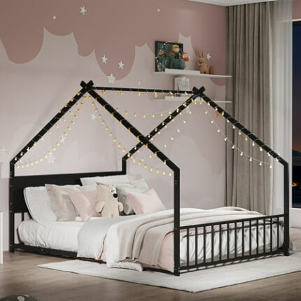 Full Size Floor BedFrame with roof and Lights Metal Bed Frame with Slats and Legs Montessori Floor Beds with high headboard House Bed for Boy Girls and Young Teens No Box Spring Needed