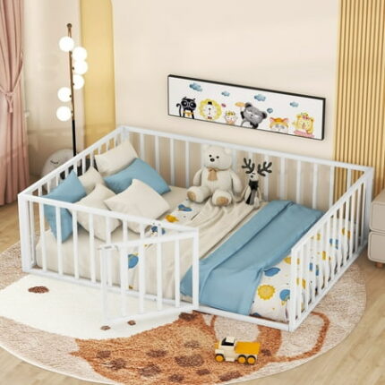 Full Size Metal Floor Bed Montessori Bed Frame with Safety Guardrails and Door Metal Montessori Bedframe for Child Girls Boys No Box Spring Needed White