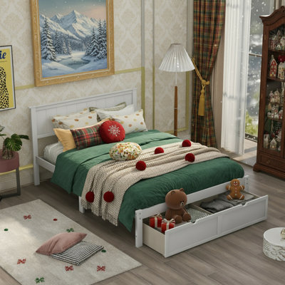 Full Size Platform Bed Frame With Under-bed Drawer, Wood Slats Support,solid Pinewood Bedframe,no Box Spring Needed,for Boys/girls/adult Bedroom,white