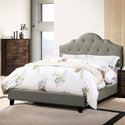Grey Upholstered Queen Bed, Arch Design Wooden Bedframe, Adjustable Headboard, Contemporary Bed Frame With
