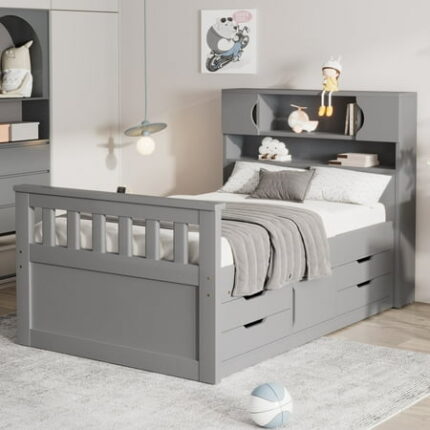 Harper & Bright Designs Twin Size Captain Platform Bed Frame with Storage Bookcase Headboard and 4 Drawers Twin Wood Storage Bedframe for Bedroom Gray