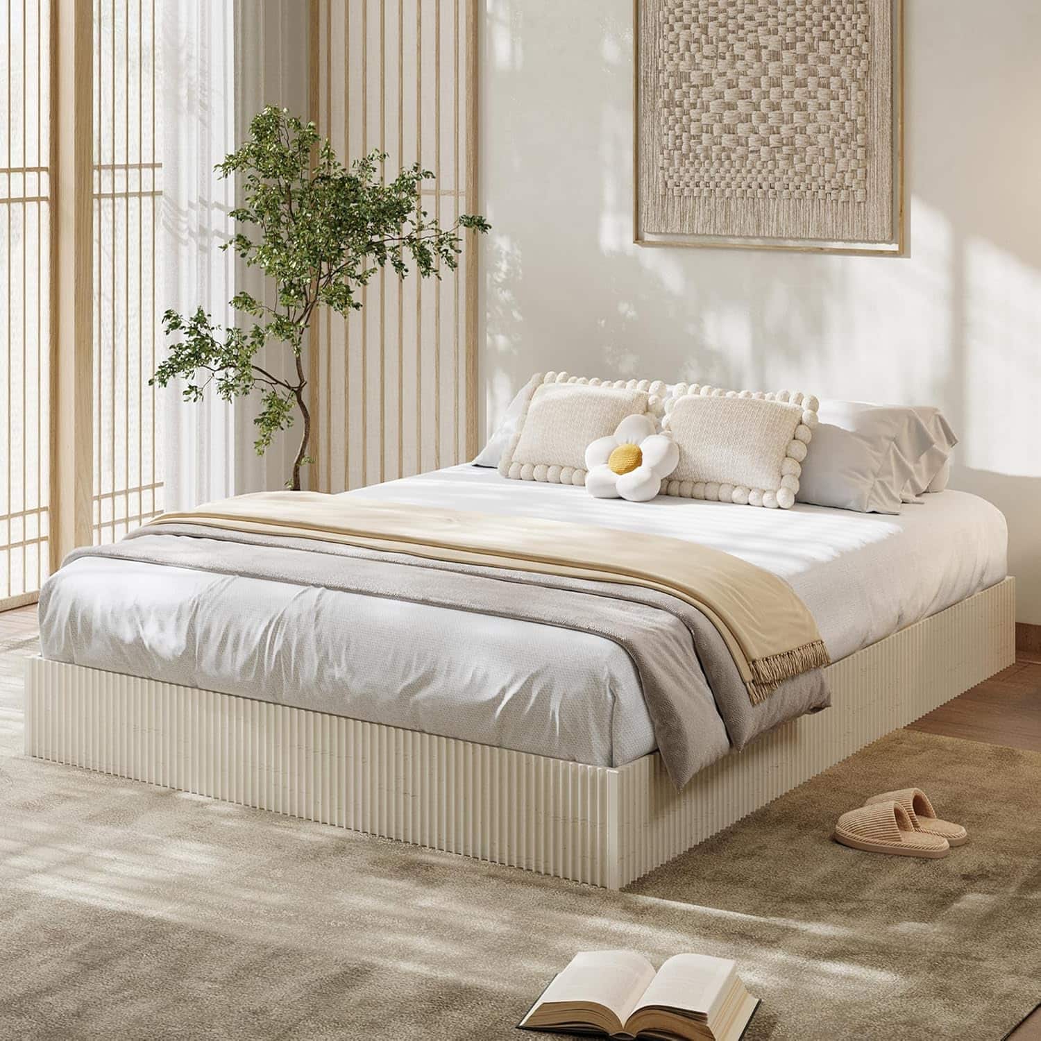 Homhougo - Full Bed Frame, Wood Platform Bed with Fluted Design, Low Profile BedFrame, Minimalist Bed Base with Noise-Free, Easy - Cream Homhougo - Full Bed Frame, Wood Platform Bed with Fluted Design, Low Profile BedFrame, Minimalist Bed Base with Noise-Free, Easy - Cream