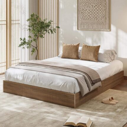 Homhougo - Full Bed Frame, Wood Platform Bed with Fluted Design, Low Profile BedFrame, Minimalist Bed Base with Noise-Free, Easy - Walnut