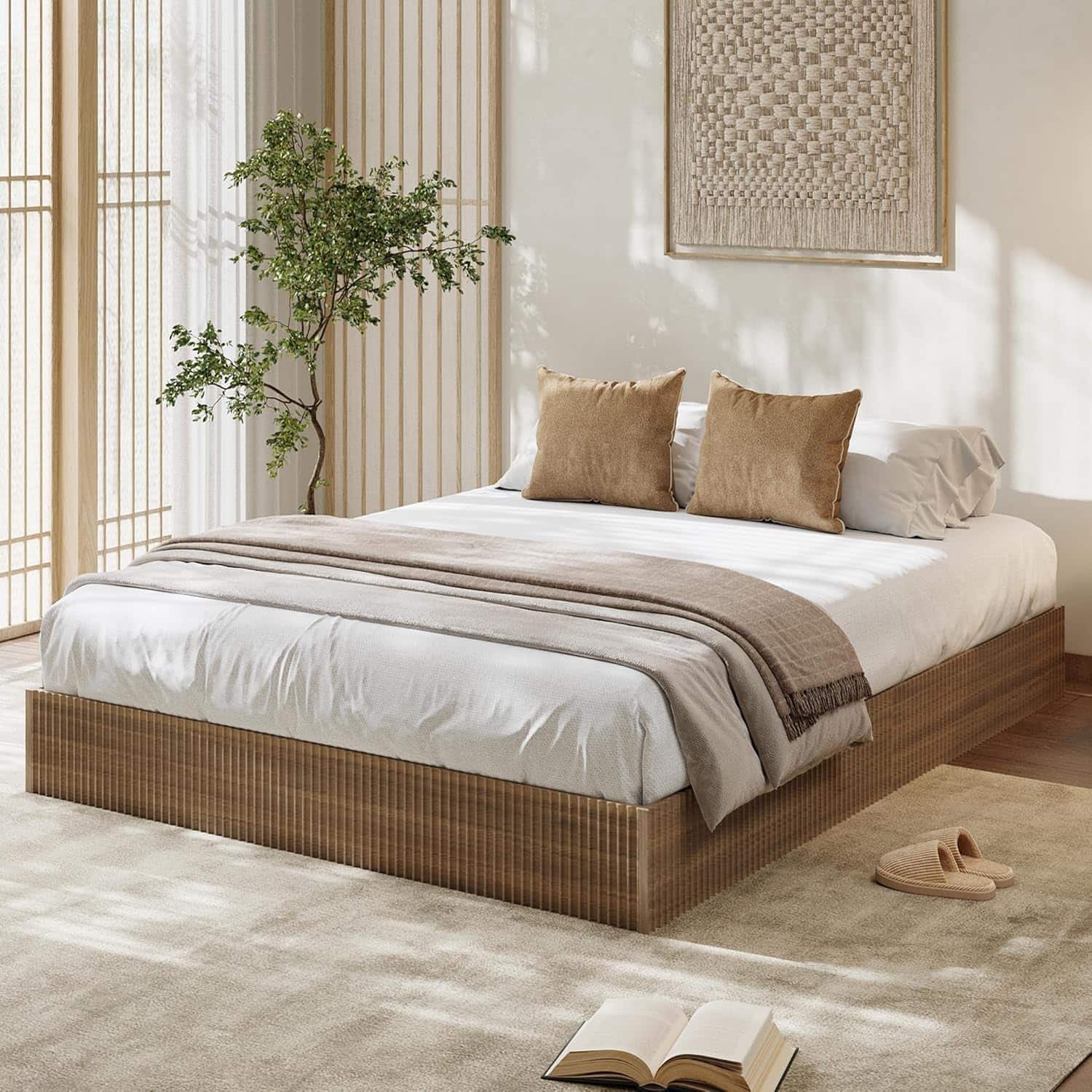 Homhougo - Full Bed Frame, Wood Platform Bed with Fluted Design, Low Profile BedFrame, Minimalist Bed Base with Noise-Free, Easy - Walnut Homhougo - Full Bed Frame, Wood Platform Bed with Fluted Design, Low Profile BedFrame, Minimalist Bed Base with Noise-Free, Easy - Walnut