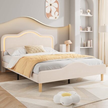 Homhougo - Full Size Upholstered LED Bed Frame with Adjustable Headboard and Footboard, Velvet Princess Platform Bedframe for - ‎Beige