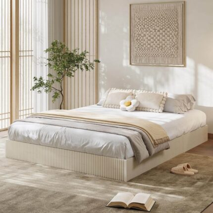 Homhougo - Queen Bed Frame, Wood Platform Bed with Fluted Design, Low Profile BedFrame, Minimalist Bed Base with Noise-Free, Easy - Cream