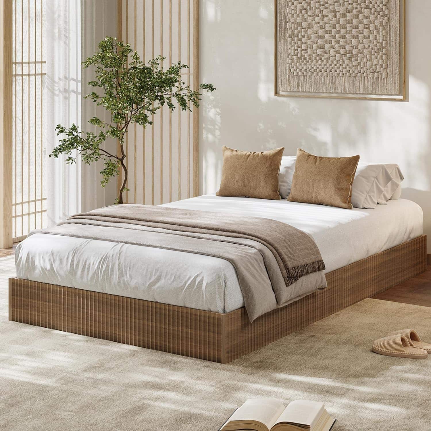 Homhougo - Twin Bed Frame, Wood Platform Bed with Fluted Design, Low Profile BedFrame, Minimalist Bed Base with Noise-Free, Easy - Walnut Homhougo - Twin Bed Frame, Wood Platform Bed with Fluted Design, Low Profile BedFrame, Minimalist Bed Base with Noise-Free, Easy - Walnut