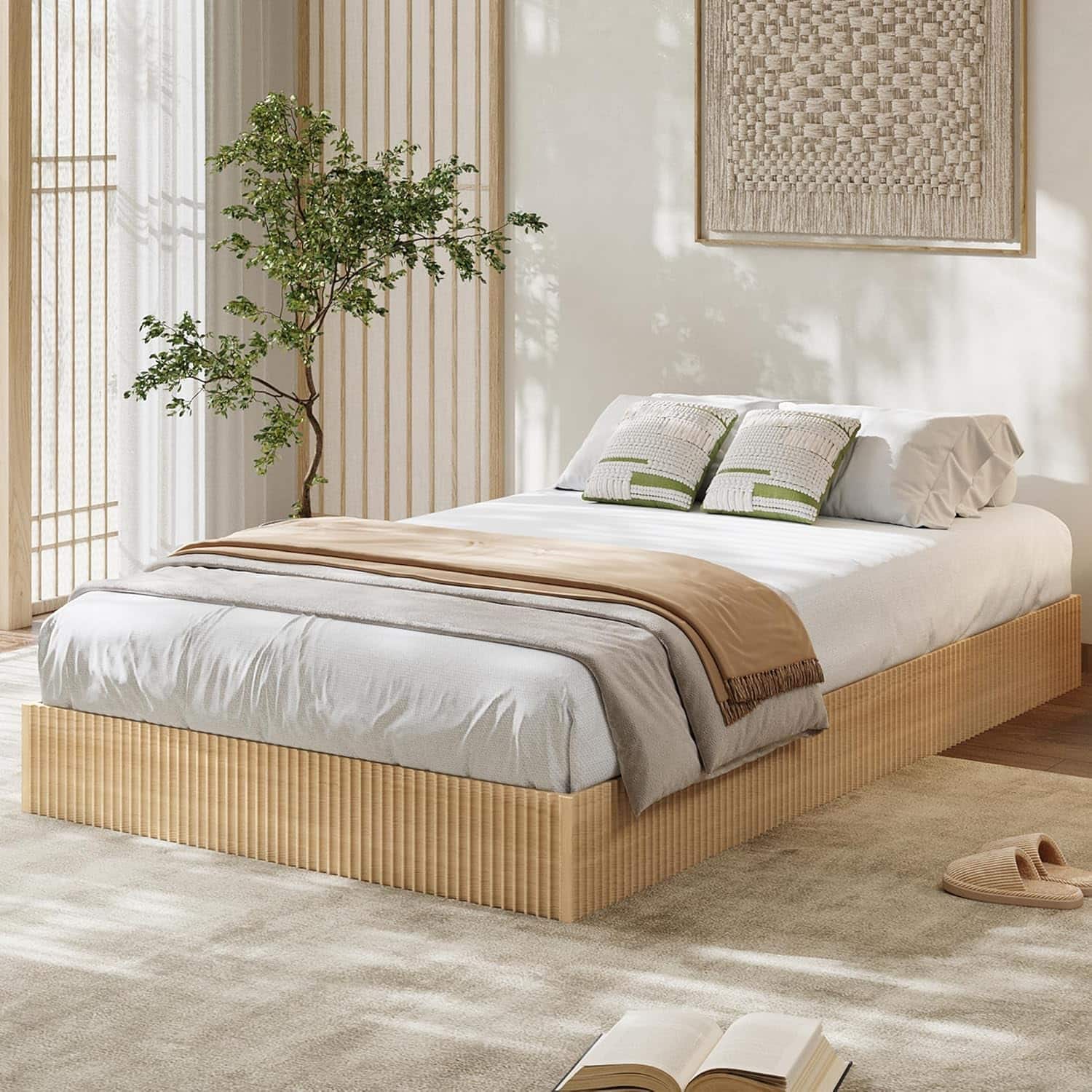 Homhougo - Twin XL Bed Frame, Wood Platform Bed with Fluted Design, Low Profile BedFrame, Minimalist Bed Base with Noise-Free - Natural Homhougo - Twin XL Bed Frame, Wood Platform Bed with Fluted Design, Low Profile BedFrame, Minimalist Bed Base with Noise-Free - Natural