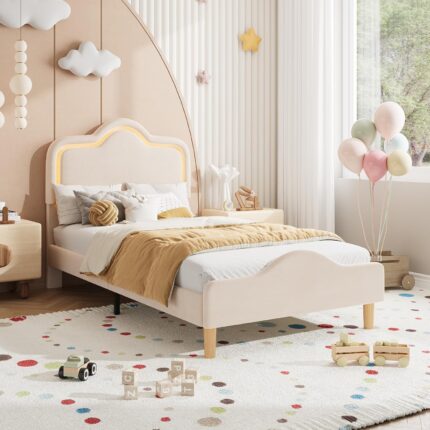 Homhougo - Twin-XL Size Velvet LED Bed Frame with Adjustable Headboard, Princess Platform Bedframe for Kids/Girls - Beige