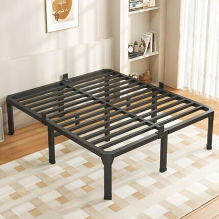 JL 14 Inch Full Size Bed Frame with Mattress Slide Stopper - Double Black Basic Anti Squeak Steel Slats Metal Platform Heavy Duty Noise Free Easy Assembly Bedframes No Box Spring Needed