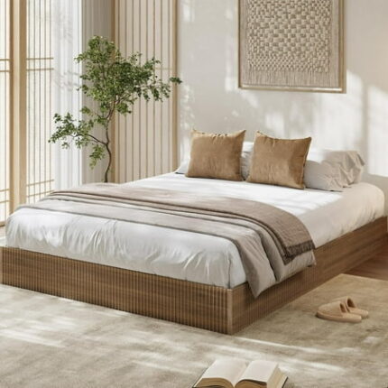 King Bed Frame Wood Platform Bed with Fluted Design Low Profile BedFrame Minimalist Bed Base with Noise-Free Easy Assembly No Box Spring Needed Walnut