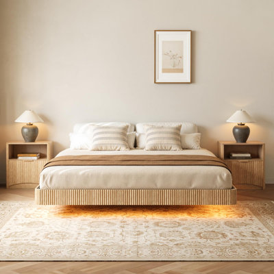 King Floating Bed Frame With Led Lights, Modern Fluted Floating Bedframe With Metal Slats