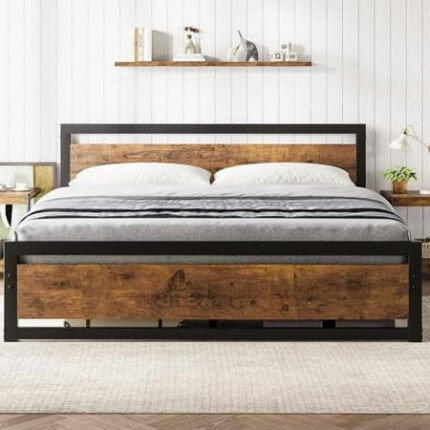 King Size Bed Frame Industrial King Bed Platform with Headboard No Box Spring Needed 14 in Easy Assemble King Mattress Bedframe Retro Brown$$Home Decor Kitchen & Other
