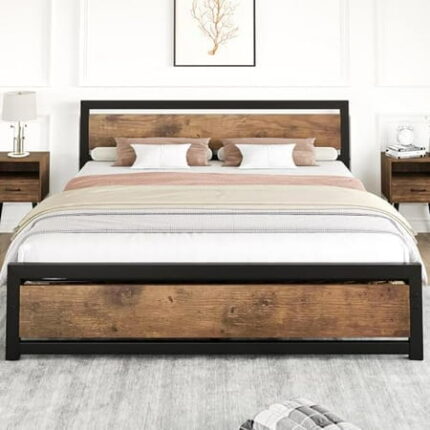 King Size Bed Frame with Wooden Headboard and Footboard Industrial King Bed Platform No Box Spring Needed 14 Inch Easy Assemble Mattress Bedframe King$$Home Decor Kitchen & Other