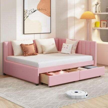 Linen Fabric Full Size Upholstered Bed Frame with 2 Storage Drawers Sofa Bed Platform Bed Frame Mid Century Bedframe Wood Daybed Wood Foundation(Pink Full)