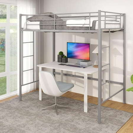 Loft Bed Twin Size Metal Bedframe with Dual Ladders and Safety Guardrail Heavy Duty Twin Loft Bunk Beds Frame for Juniors Teens Adults Noise-free Space-Saving No Box Spring Needed (Silver) Loft Bed Twin Size Metal Bedframe with Dual Ladders and Safety Guardrail Heavy Duty Twin Loft Bunk Beds Frame for Juniors Teens Adults Noise-free Space-Saving No Box Spring Needed (Silver)