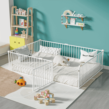 Multifunctional Full Size Floor Bed Montessori Bedframe with Fence and Door Metal Floor Bed Frame Bedroom Furniture for Kids Toddlers Boys Girls No Box Spring Needed White