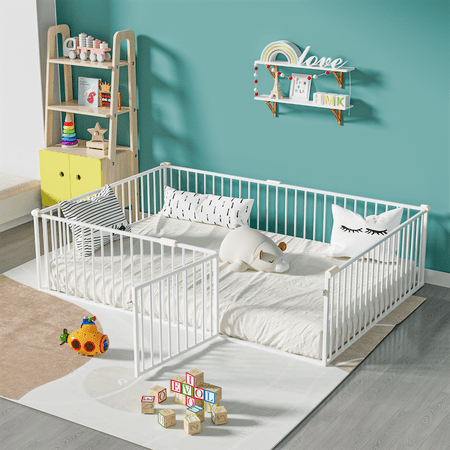 Multifunctional Full Size Floor Bed Montessori Bedframe with Fence and Door Metal Floor Bed Frame Bedroom Furniture for Kids Toddlers Boys Girls No Box Spring Needed White Multifunctional Full Size Floor Bed Montessori Bedframe with Fence and Door Metal Floor Bed Frame Bedroom Furniture for Kids Toddlers Boys Girls No Box Spring Needed White