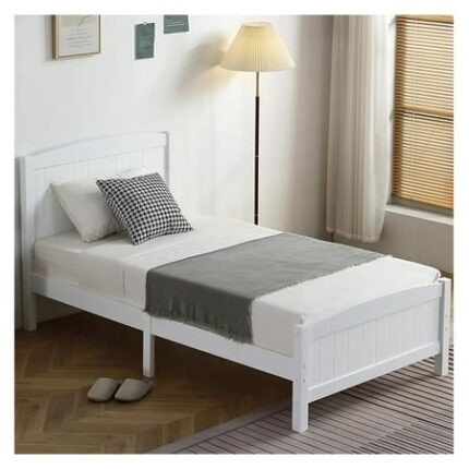 NALYL Wood Bedframe Twin Bed Frame with Headboard Bedroom Platform Bed with Footboard 12 Wood Slat Support No Box Spring Needed White