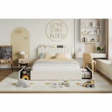 Platform Bed Frame with Upholstered Headboard and Wooden Slats Support Noise Free Bedframe with 2 Rolling Drawers Upholstered Mattress Foundation/No Box Spring Needed/Easy Assembly