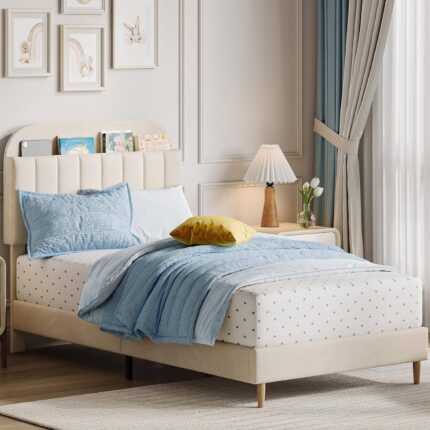 Qeetex - Twin XL Bed Frame with Storage Headboard Velvet Upholstered Platform Bedframe for Kids Girl Bed Strong Wooden Slats Nois - As Shown